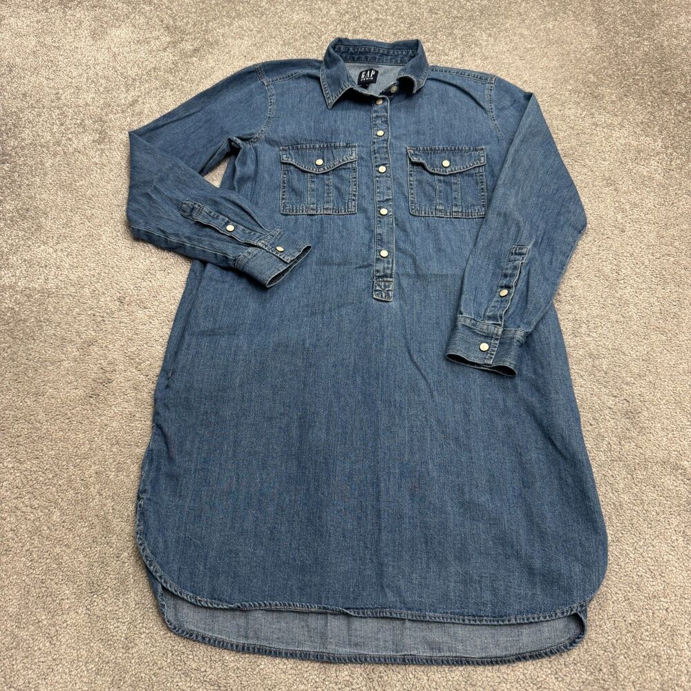 GAP Denim Pearl Snap Midi Shirt Dress Womens Small Blue Medium Wash Long Sleeve